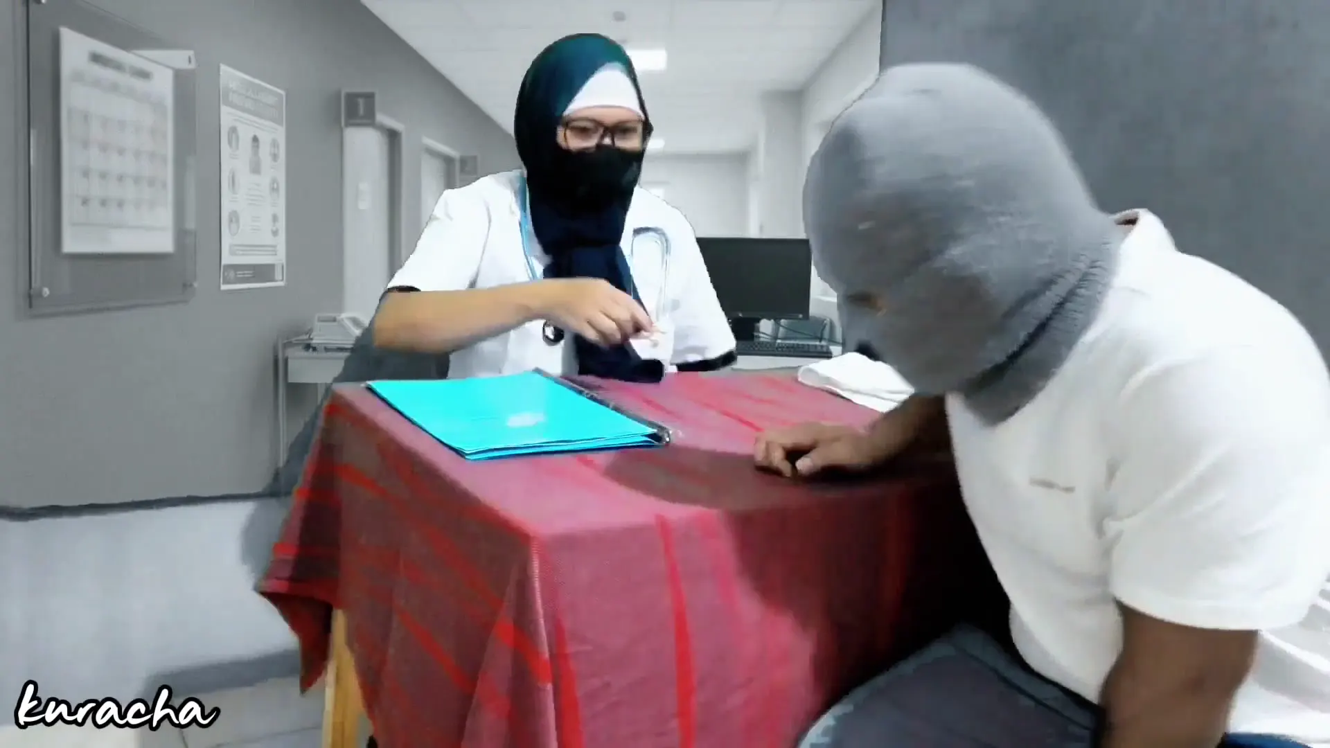 Moment at 01:34 in Arabic Doctor allowing her Patient to touch her Boobs