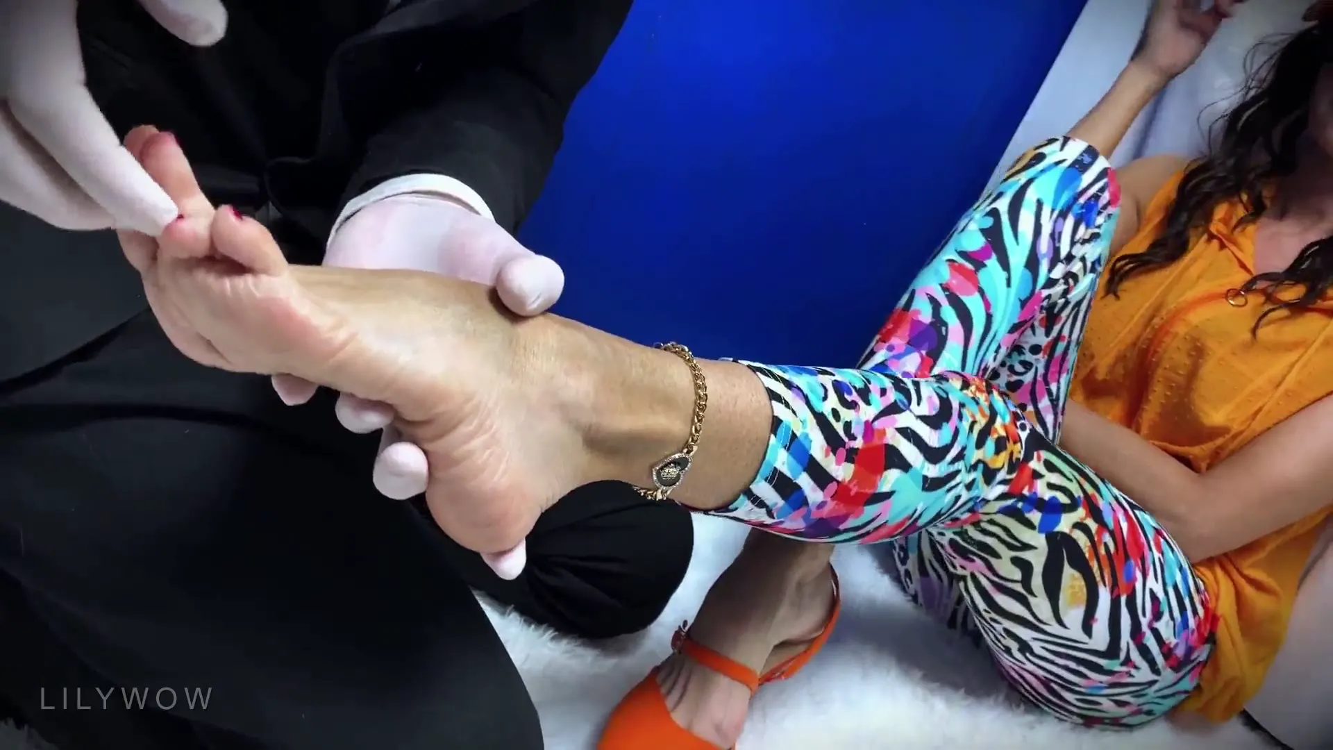 Moment at 02:18 in Bare Feet in Leggings Massage, High Heels, ASMR, Sexy Legs, MILF Feet, Foot Massage