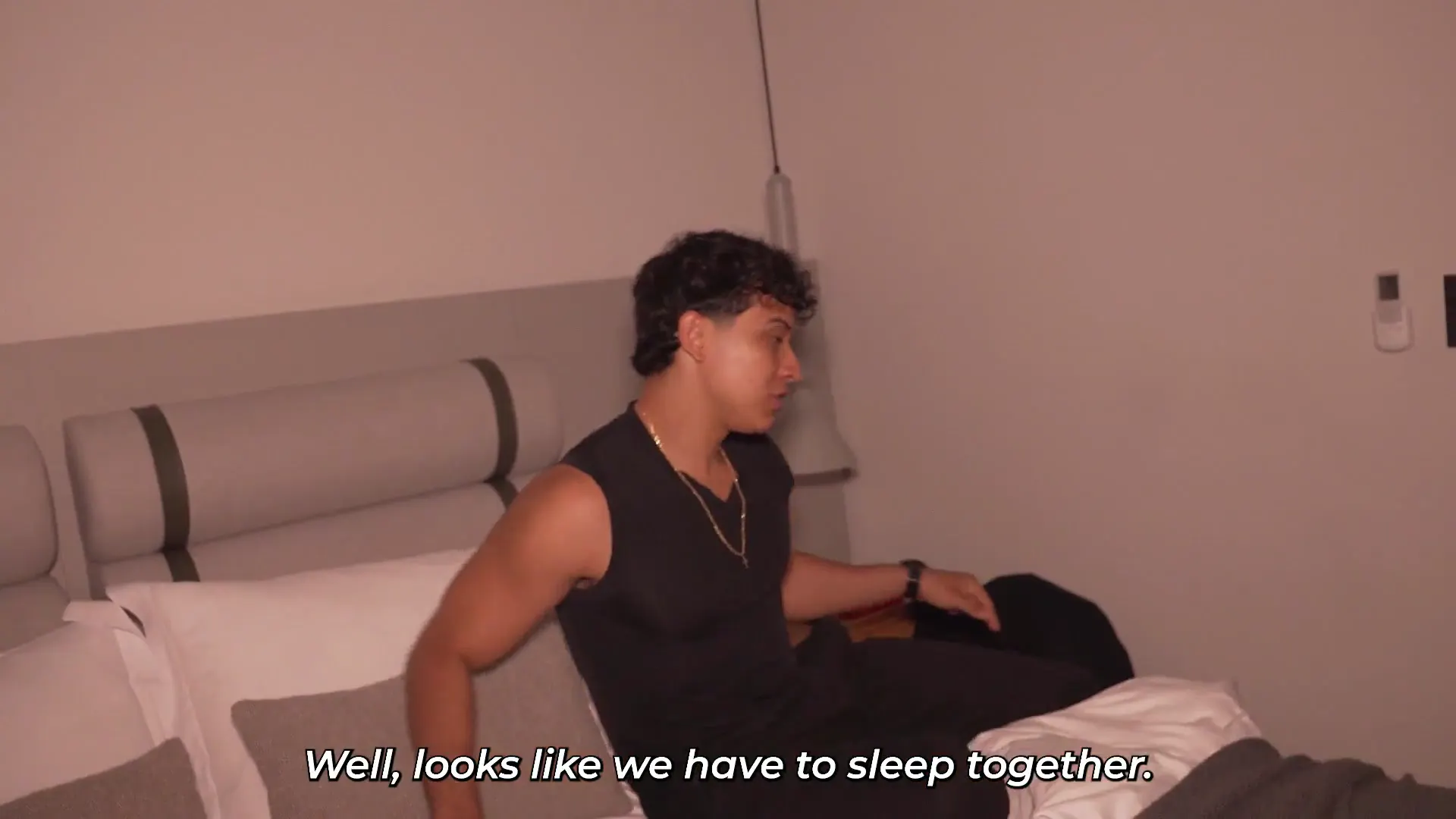 Moment at 00:15 in I share the same hotel bed with my stepmother due to a hotel error.
