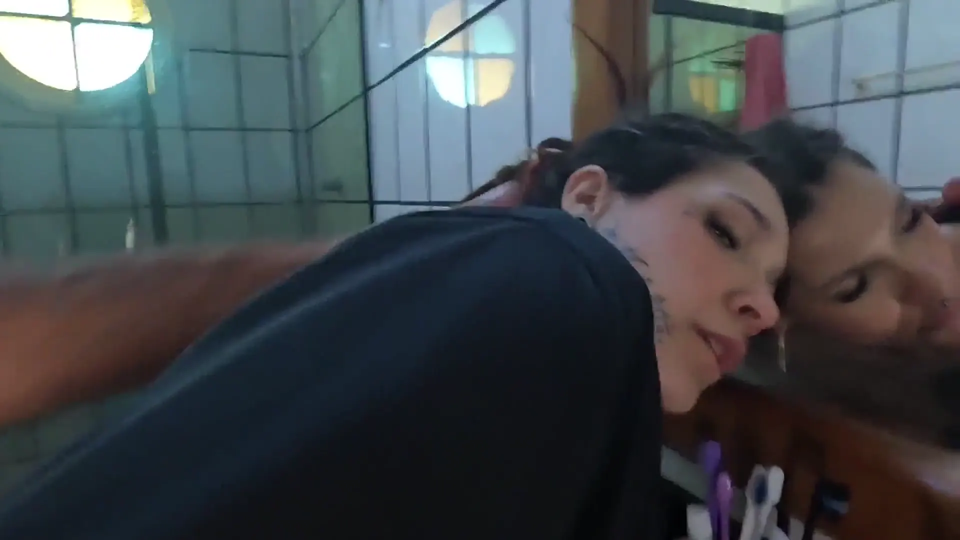 Moment at 05:39 in Brought Friend Over For Video Games Wife Steps Out Shower Gets Fucked In Bathroom Then Filmed Sucking And Taking It In Multiple Positions With Throat Grabs And Face Slaps Before Raw Creampie