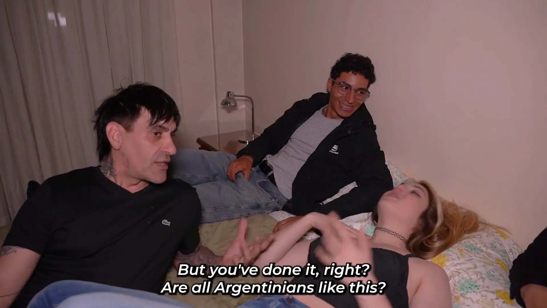 Moment at 02:12 in Friends arrive home after a party and end up having a threesome!