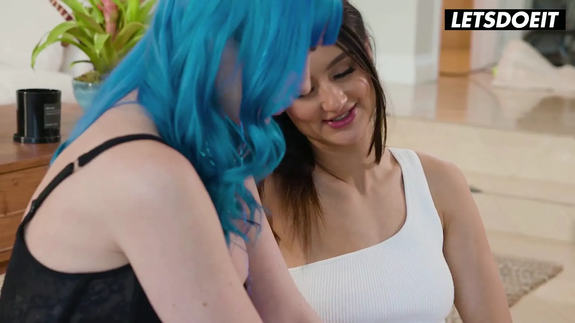 Moment at 02:51 in Eliza Ibarra Drops Into Doggy While Curvy Blue-Haired Girl and Slim Blonde Get Handsy Next to Her