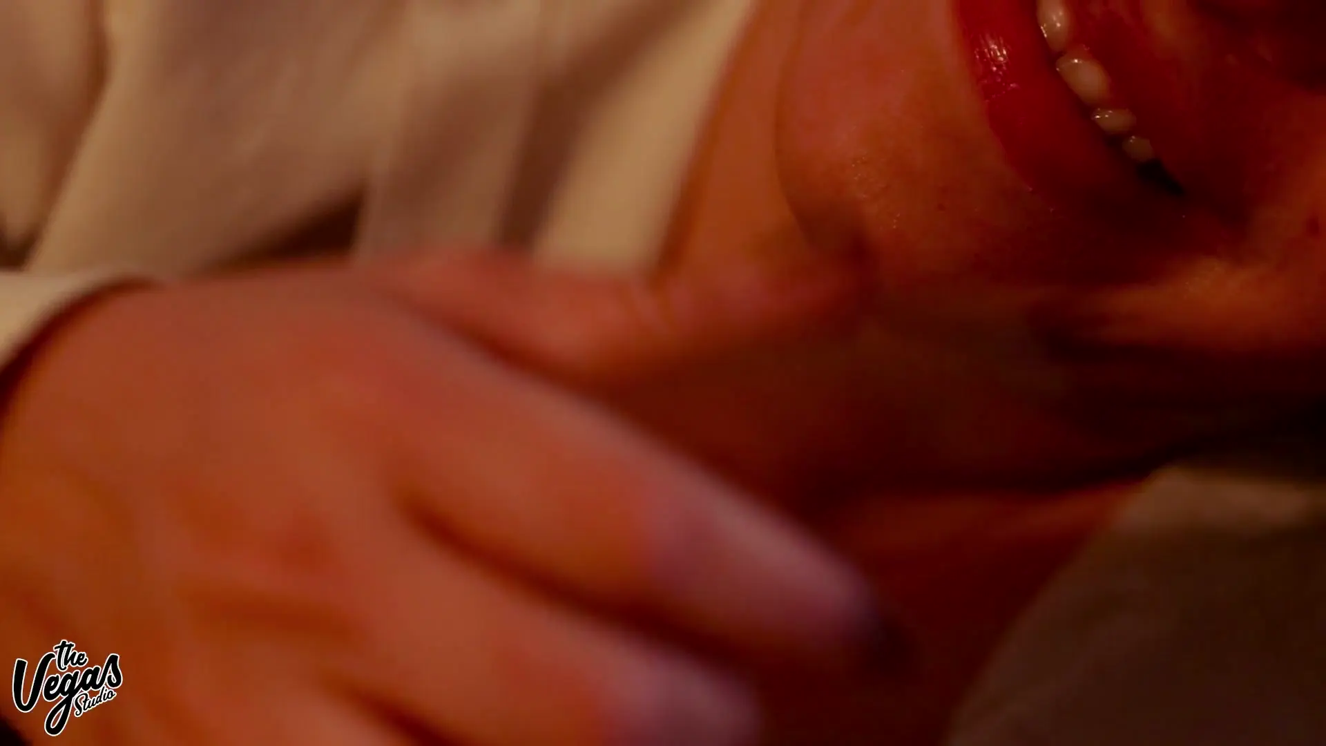 Moment at 01:13 in Romantic POV Blowjob &ndash_ Deepthroat, Ball Licking and Cum Swallow in Open White Shirt | Selena Vega