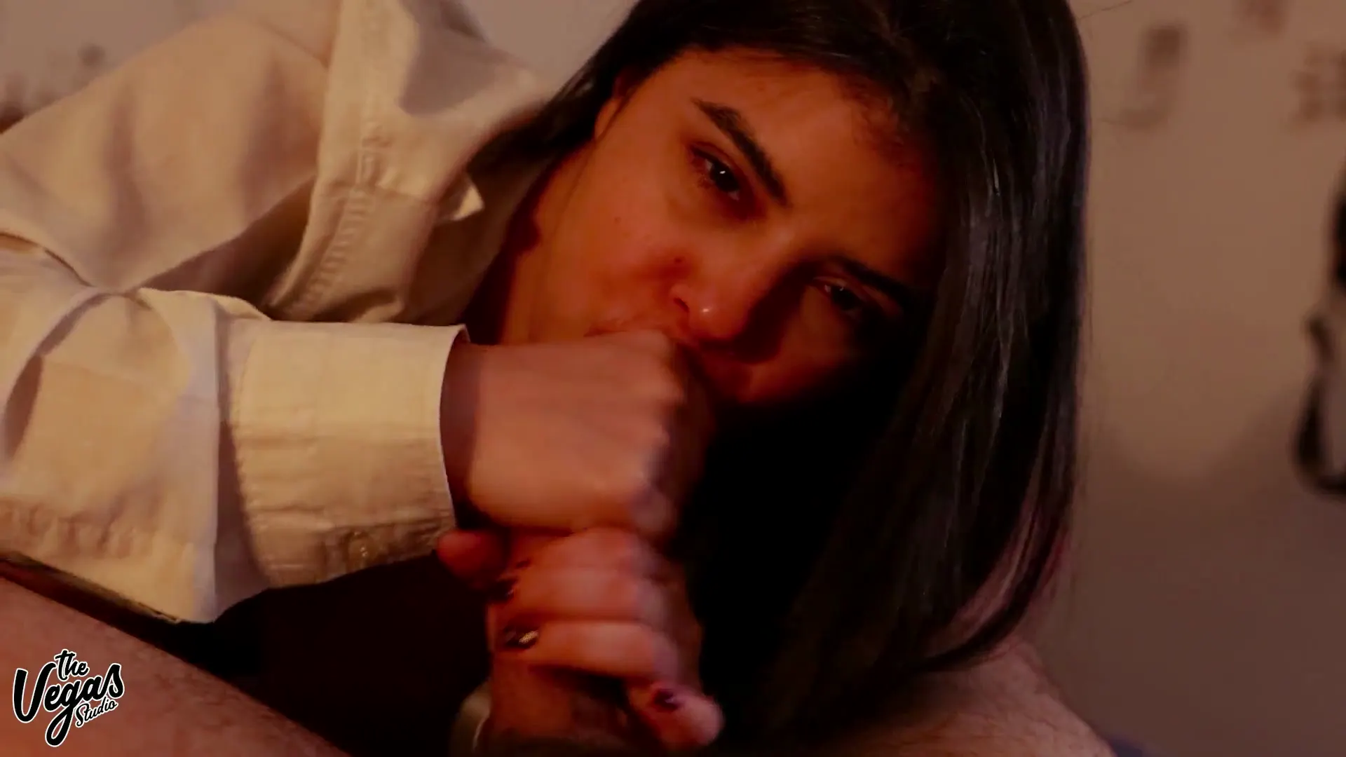 Moment at 06:51 in Romantic POV Blowjob &ndash_ Deepthroat, Ball Licking and Cum Swallow in Open White Shirt | Selena Vega