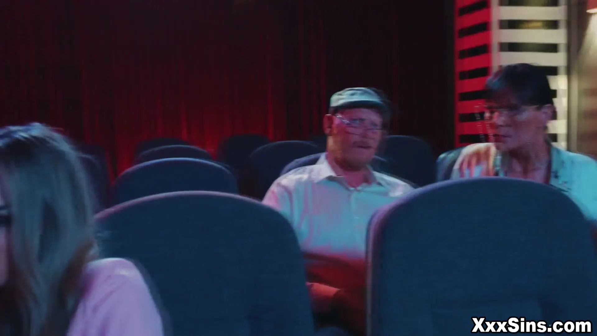 Moment at 04:23 in Older couple Syren DeMer and Dick Chibbles Athena disturbed by a teenager couple Athena Faris and Ricky Spanish having sex in cinema!